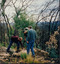 Coloured photograph of three men on a field work in the forest