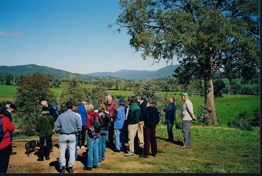A group of people are standing outside and looking to the left, off the photo. There is a big tree to the right of the group, and rolling fields and trees in the background, ending with hills. 