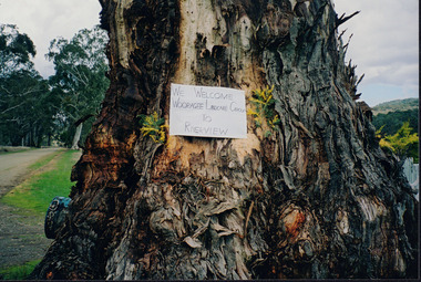 A piece of paper is stuck to a tree saying "We welcome Wooragee Landcare Group" to Riverview. 