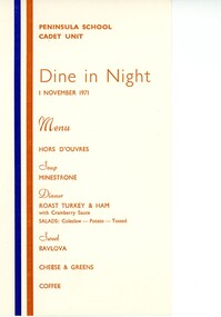Souvenir - Menu, Peninsula School Cadet Unit Dine In Night Menu, 1971