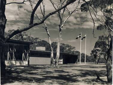 Photograph (Series), Wolfgang Sievers, The Peninsula School's first building with flagpoles, 1961