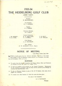 Document - Annual Report, Heidelberg Golf Club, 1933-34: The Heidelberg Golf Club, Lower Plenty, 29/11/1934