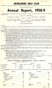 Document - Annual Report, Heidelberg Golf Club, 1958-59: The Heidelberg Golf Club, Lower Plenty, 11/04/1959