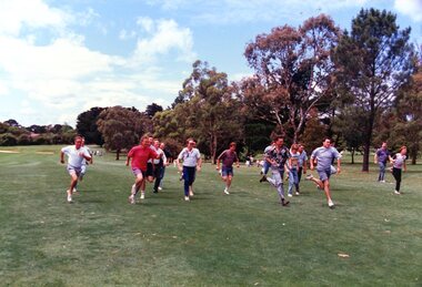 Photograph, Faye Lamb, Christmas picnics at Heidelberg Golf Club - Fathers' footrace, 1990