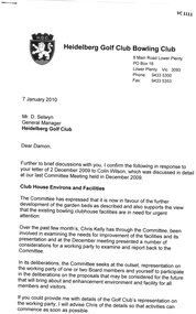 Letter, Heidelberg Golf Club Bowling Club et al, Heidelberg Golf Club Bowling Club: Letter to Damon Selwyn 2010, 2010