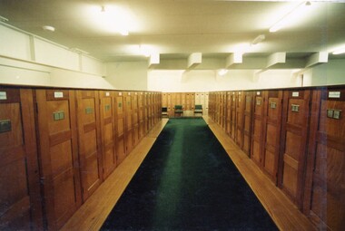 Photograph, Heidelberg Golf Club: Clubhouse renovations 1997-98 - Varnishing the new lockers, 1997