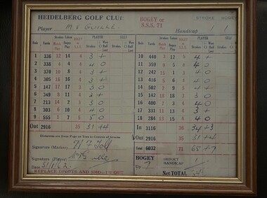 Card - Score Card (Framed), Heidelberg Golf Club, Max Guille Course record at Heidelberg Golf Club, 31/01/1961