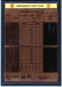 Memorabilia - Commemorative Plaque, Heidelberg Golf Club, Stephen Allan Course record 1994, 30/10/1994