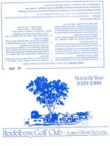 Card - Score Card, Heidelberg Golf Club, Heidelberg Golf Club - Lower Plenty, Victoria. Sixtieth Year 1928-1988, 1989