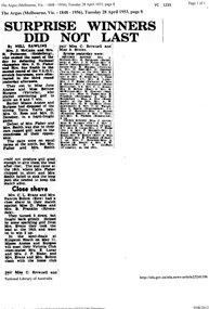 Newspaper - Newspaper Clipping, The Argus, Surprise winners did not last, 28/04/1953