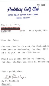 Letter, Heidelberg Golf Club, Heidelberg Golf Club to Mr L J Carr, 19/04/1979
