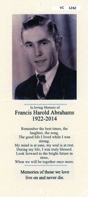 Pamphlet, In loving memory of Francis Harold Abrahams 1922-2014, 2014