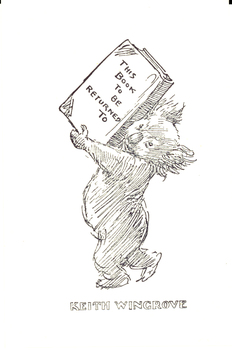 Bookplate of a koala carrying a book