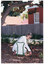 COL photo of a woman sitting back on her calves and feet while kneeling on a 'garden kneeler' mobility aid. She is holding a small garden fork or trowel in one hand, which she has dug into the ground. There are two other garden forks or trowels pushed into the ground in front of her. She is positioned beneath a large tree. In the background, some houses are visible from behind a wooden fence.