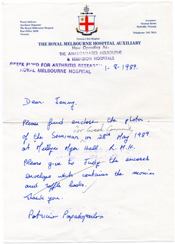 COL scan of a handwritten letter, written in blue ink. The letter is written on Royal Melbourne Hospital Auxiliary letterhead.