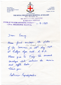 COL scan of a handwritten letter, written in blue ink. The letter is written on Royal Melbourne Hospital Auxiliary letterhead.