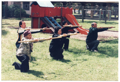 COL photo of a small group of people exercising with poles on a grass lawn outdoors. They are kneeling one on knee while holding the poles horizontally in front of them, with their arms outstreched. Behind them is some playground equipment, with a fence and a building in the background.