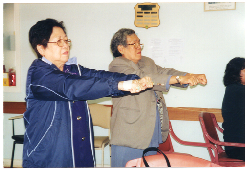 COL photo of two women, standing, practicing some exercices. They have their arms outstretched in front of them, with their fists closed.