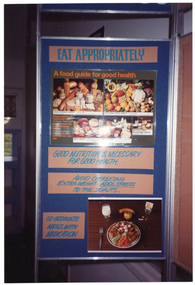 COL photo of one panel from a large, freestanding, multi-panel display board. Under the heading, "EAT APPROPRIATELY" are is a group of captioned photos under the sub-heading "A food guide for good health". Immediately below that are the headings, "GOOD NUTRITION IS NECESSARY FOR GOOD HEALTH." and "AVOID OVEREATING EXTRA WEIGHT ADDS STRESS ['Adds stress' is underlined] TO THE JOINTS." At the bottom of the panel is the heading "CO-ORDINATE MEALS WITH MEDICATION" beside a photo of a plate of food with fruit, drinks, cutlery and medications on a table.