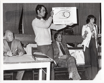 B&W photo of a woman, standing, speaking into a microphone on a stand. She is wearing a long-sleeved floral shirt under a pale short-sleeved jacket, and trousers. There is a wooden folding bench seat beside her. Two people are sitting on the bench seat while, between them, there is a man standing in front of it. He is holding up a sign which depicts a sketch drawing of a hand holding a spherical object and text that says, "Hold thicker objects where possible and prevent deformity". In front of them, there is a small table with a folder on top. There is another sign (partially obscured) on the bench seat. Behind them is the edge of a stage, with a large stage curtain/backdrop in the background. There is a radio/cassette player on the stage.