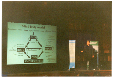 COL photo of a man standing on a stage in front of a lecturn. Beside him is a large projector screen, which he is pointing towards. Behind him are two free-standing vertical  banners, titled 'Osteopororis Victoria' and 'Osteoporosis Awareness'. The slide being projected onto the screen is titled, "Mind body model", with the sub-headings "Emotional stress", "inury/illness", and "physical stress".. It includes a diagram with the markers, "PAIN" (spasm), "BODY" (guarding, Restricted movement, Postural change, Muscle tension), "MIND" (thoughts - Workcover, employer, relationships, money, other; feelings - anxiety, fear, depression, hopelessness, helplessness), and "PAIN AMPLIFICATION".