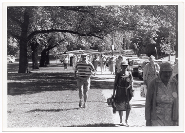 B&W photo of a large group of people walking along a wide path in a park. There are several large trees along the path, with their branches overhanging above the path. There are some cars parked to the left of the walking group.