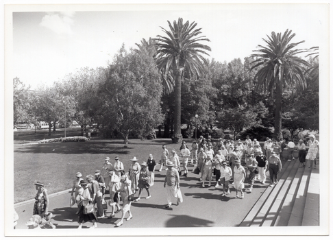B&W photo of a large group of people walking along a concrete path and down some wide steps in a park. There are two tall palm trees amongst other trees in the park, and there is a tram on the road in the distance (to the left of the frame). The photo has been taken at an angle from above, with the walkers below.