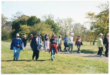 COL photo of a group of people walking along a concrete path and on the grass at a park. One person is using a walking frame. Several people are looking down as they walk. The camera is facing the walkers, but is positioned slightly to the side of the path.