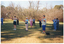 COL photo of a group of people standing in a large park, doing some exercises. They are standing slightly apart on a grassy area, with their hands up in front of their chests. One participant is standing behind his walking frame. There are many trees in the background.