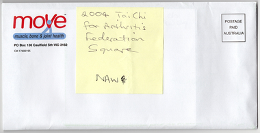 COL scan of a "MOVE muscle, bone & joint health" branded envelope, with a yellow sticky note stuck on top.
