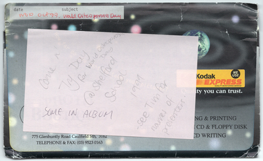 COL scan of a grey photo envelope. Printed on the centre right of the envelope is the Kodak Express text and logo, with the text "WE USE" in the top right corner of the logo, and "QUALITY MONITORING SERVICE" in small text at the bottom of the logo. Beneath the logo, there is the text "Quality you can trust." Printed text in the top left corner of the envelope is, "date" and "subject". Printed text (partially obscured) in the bottom left corner of the envelope includes, "775 Glenhuntly Rd Caulfield Sth, 3162" and "TELEPHONE & FAX: 03 9523 0163". Printed text (partially obscured) in the bottom  right corner of the envelope includes, "PROCESSING AND PRINTING", "...CD & FLOPPY DISK", and "CD WRITING".