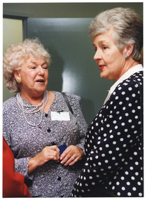 COL photo of three women (one partially obscured) standing in a room, chatting.