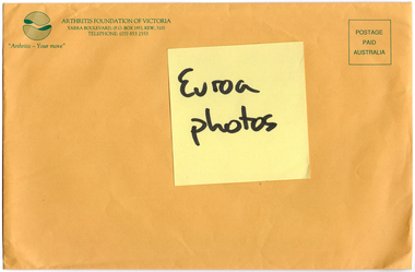 COL digital scan of an Arthritis Foundation of Victoria branded envelope. Printed on the envelope is the text: ARTHRITIS FOUNDATION OF VICTORIA YARRA BOULEVARD, (P.O. BOX 195), KEW, 3101 TELEPHONE: (03) 853 2555 [Beneath a logo] "Arthritis - Your move" [Text within a square border] POSTAGE PAID AUSTRALIA. There is a yellow Post-it stuck to the front face of the envelope.