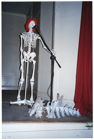 COL photo of a plastic skeleton on a vertical stand with castors, wearing a red hat. It is on a stage behind a microphone on a stand. The microphone has been positioned near the skeleton's mouth, and its hand is on the microphone stand. At its feet is what appears to be part of a large animal's skeleton and skull. There is a long red curtain, which has been drawn open to the side of the stage.