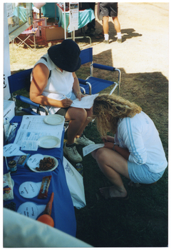 COL photo of two women outdoors, on a grassy area. One woman is sitting on one of two blue deck chairs, while the other woman is crouching down in front of her. They are both writing on some printed sheets of paper. Beside them, there is a table covered with a bright blue tablecloth, which has a variety of healthy food items, with labels, on it. In the background, there is someone standing next to another small table covered with a green cloth.