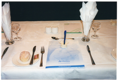 COL photo of a table setting. In the centre of the setting, there is a publication titled, "Arthritis Victoria incorporating Osteoporosis Victoria" and subtitled, "FOR MUSCULOSKELETAL HEALTH". On top of the publication, there is a vertebrae-shaped pen holder with a blue pen propped up in it. Around the periphery, there is a range of cultlery, and a small plate with a bread roll, a portion of butter in a foil wrapper, and a knife on top. There are two beer glasses, each with a serviette inside. There is also a salt and pepper shaker set and a large "Celebrex" branded notepad on the table.