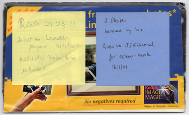 COL digital scan of a Kodak 'Image Magic' yellow and blue photo envelope, with a yellow and a violet sticky note stuck to the front flap. Some of the text printed on the photo envelope includes, "No negatives required". The remainder of the text is obscured by the sticky notes.