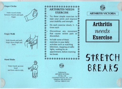 COL digital scan of a blue paper brochure. The text on the front cover section is: "ARTHRITIS VICTORIA Arthritis needs Exercise STRETCH BREAKS". Headings included on one flap are: Finer Circles; Finger Walk; Hand Shake.