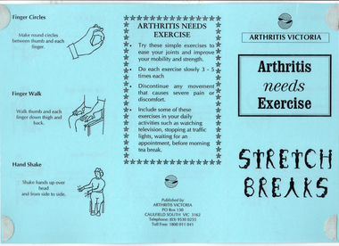 COL digital scan of a blue paper brochure. The text on the front cover section is: "ARTHRITIS VICTORIA Arthritis needs Exercise STRETCH BREAKS". Headings included on one flap are: Finer Circles; Finger Walk; Hand Shake.