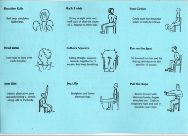 COL digital scan of a blue paper brochure. Headings included in the interior section are: Shoulder Rolls; Head Turns; Arm Lifts; Back Twists; Buttock Squeeze; Leg Lifts; Foot Circles; Run on the Spot; Pull the Rope.