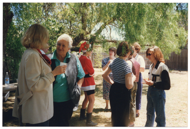 COL photo of a small group of people gathered on a grassy area, in the shade of a large tree. Some of them are holding plastic cups in their hands. One person is dressed in a summer Santa suit, with a red Santa jacket, red Santa hat, and black shorts and boots. Behind them, to the left of the frame, there is a wooden outdoor table with a plastic bottle on it. In the background, there is a wooden fence and, behind it, a building (partially obscured).