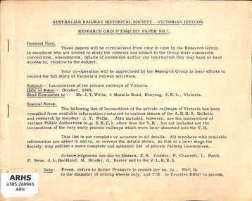 Booklet, Australian Railway Historical Society (Victorian Division), Australian Railway Historical Society - Victorian Division: Research Group Enquiry Paper No.1, 1963