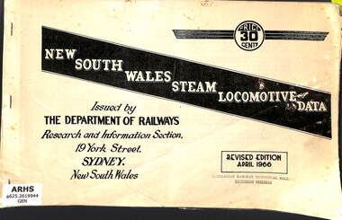 Book, New South Wales Department of Railways, New South Wales Steam Locomotive Data, 1966