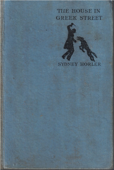 Hardcover book with blue cover. Man and dog in top right corner.