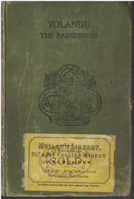 Hardcover book, 314 pages. Book has a green cover with black printed text and a family crest. Lower corner of book has a yellow label attached.
