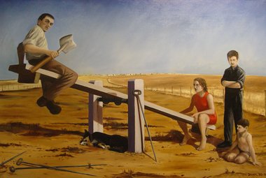 An oil painting of a seesaw