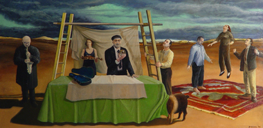 A painting of a group of people in a surreal arid landscape 