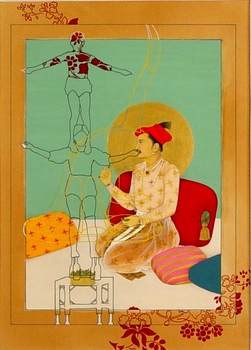 A painting of someone kneeling on the floor surrounded by cushions
