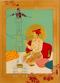 A painting of someone kneeling on the floor surrounded by cushions