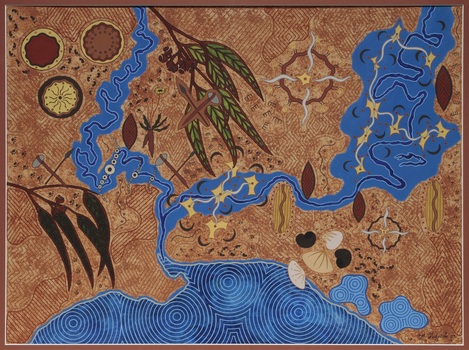First Nations painting representing significant sites around Melbourne, including the Merri Creek